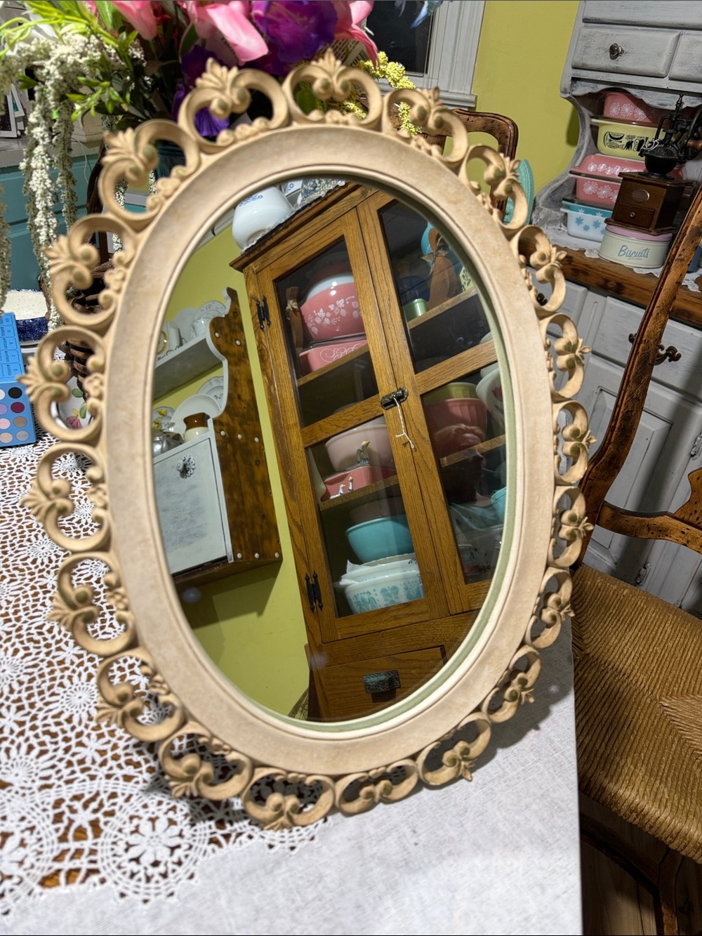 Vintage wood Ornate Cream Oval Wall Mirror or tabletop